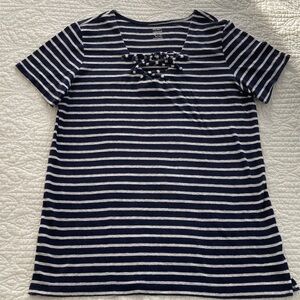 Old Navy Dark Blue & Gray Striped Nautical Lace-Up Short Sleeve Tee, M Tall